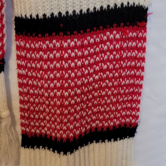Vintage Acrylic Knit Scarf Fringe Ends Red Navy Ski Pattern Jeunique 60s 70s - Picture 3 of 8